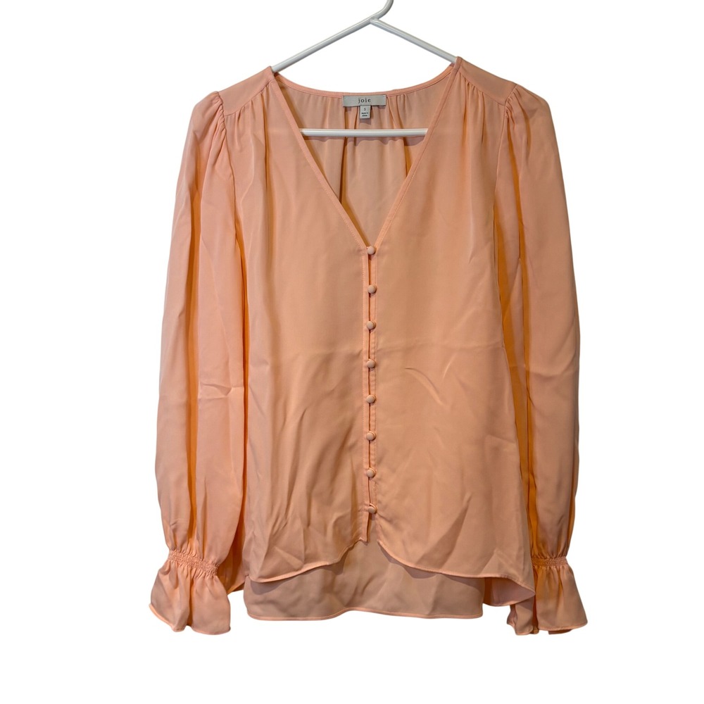 Joie Peach 100% Silk Button Front V Neck Long Sleeve Blouse Top Size S Coquette